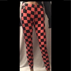 Checkered Black/Coral Leggings-One Size Fits All